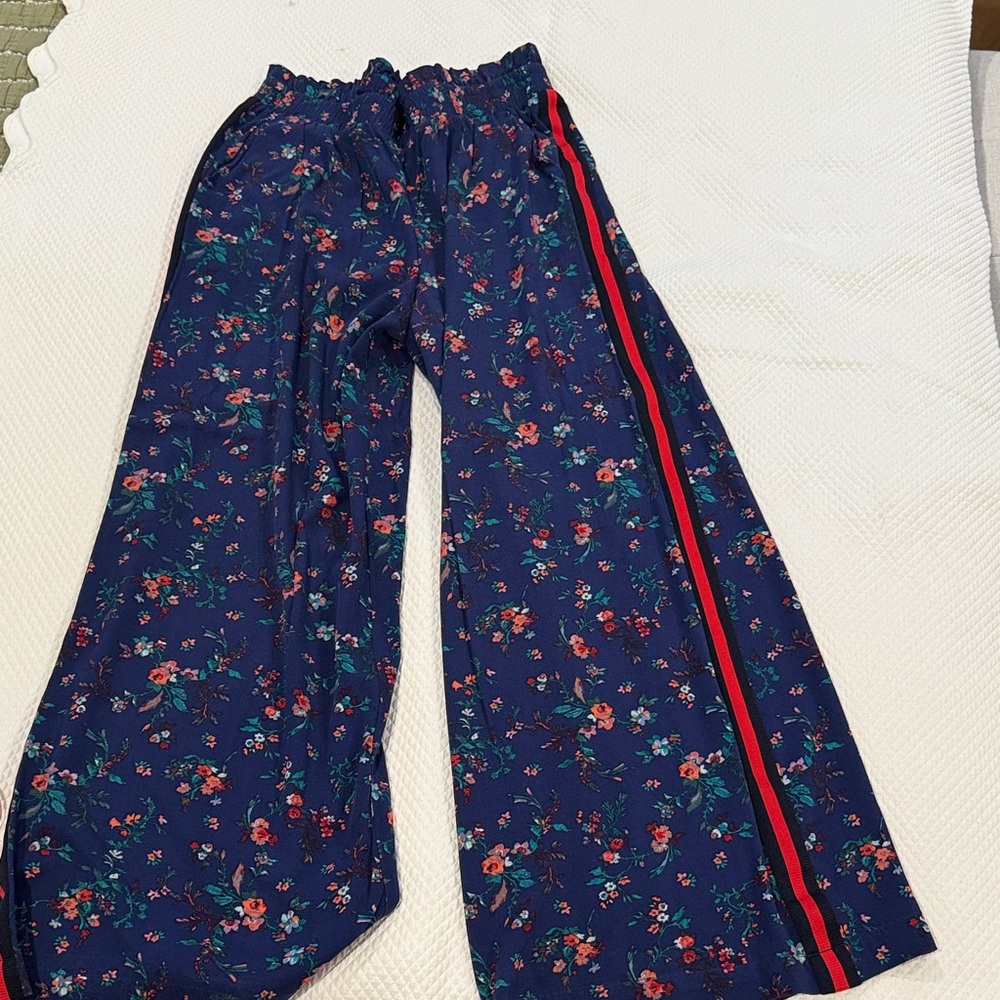 Floral Wide-Leg Pants with Red Stripe